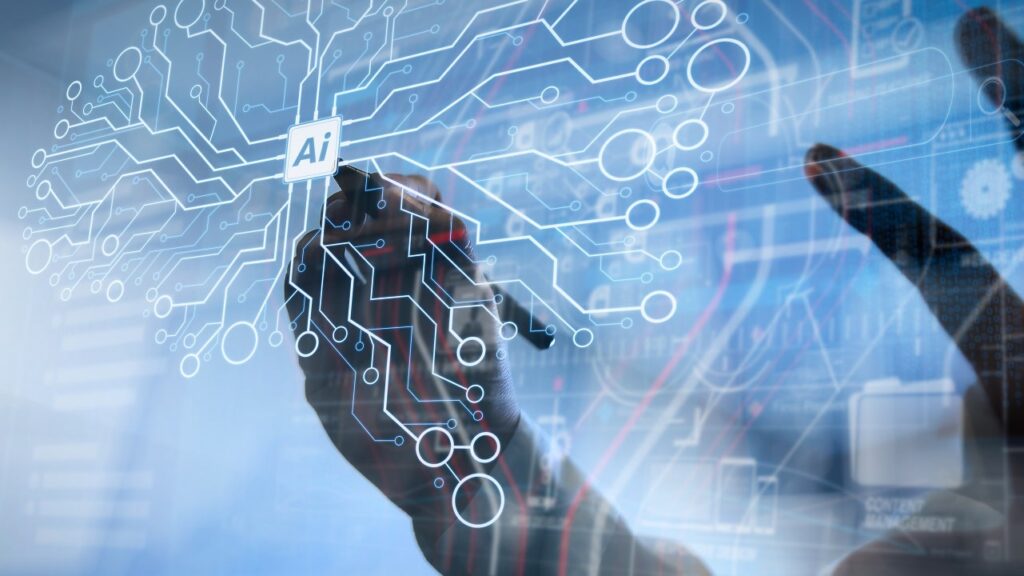 Uma mão segura uma caneta moderna enquanto desenha no "ar" várias linhas de conexão